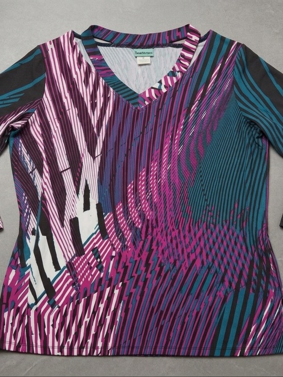 Sara Morgan Tops - Dana-Montane V-Neck Long Sleeve Top in Teal and Purple Print